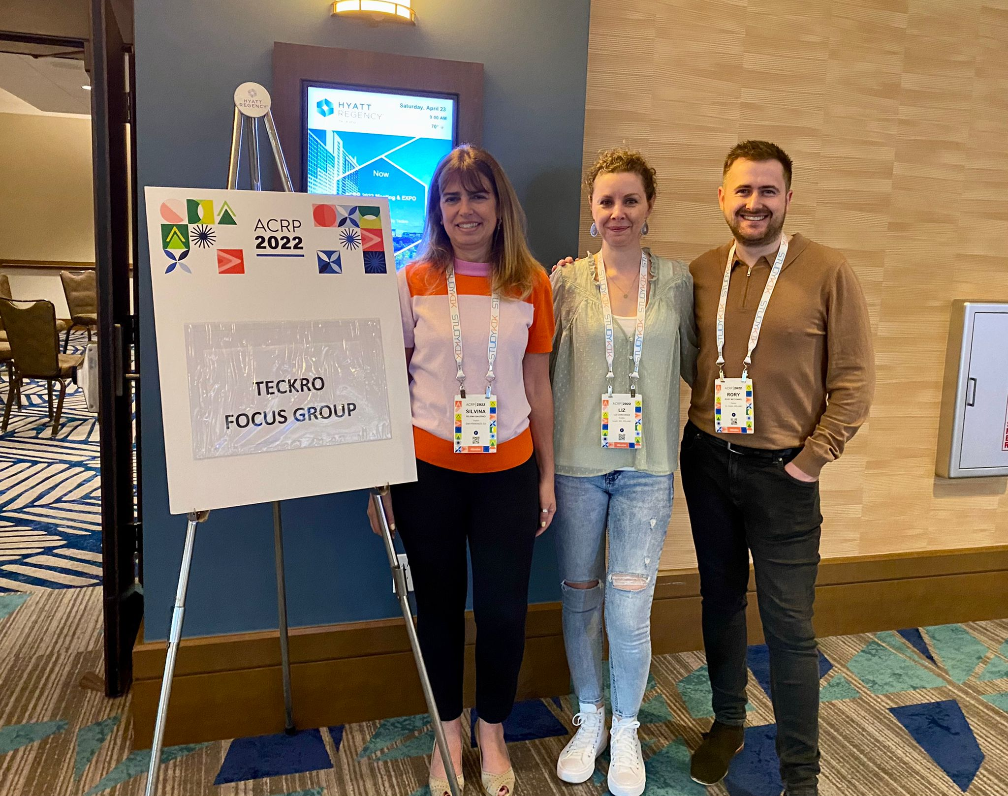 Photo of Silvina Baudino, Rory McConnell and Liz Corcoran at ACRP 2022 for a Teckro focus group
